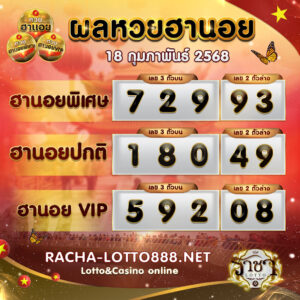 ผลหวยฮานอย 18 กุมภาพันธ์ 2568 rachalotto888