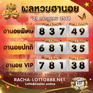 ผลหวยฮานอย 21 กรกฏาคม 2568 rachalotto888