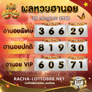 ผลหวยฮานอย 30 กรกฏาคม 2568 rachalotto888